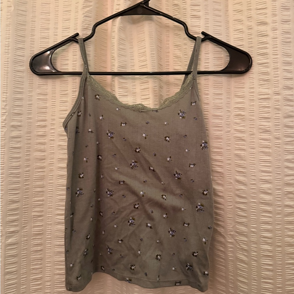 wild fable Sage Green Floral Lace-Trim Ribbed Cami